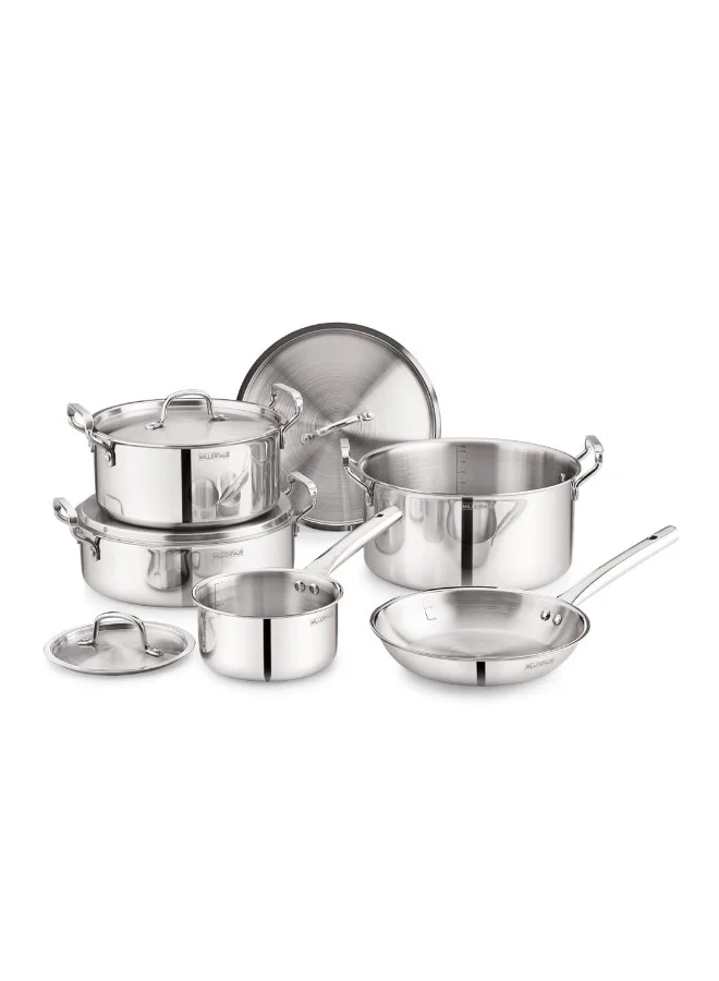 بيرجنر Bergner Triply Stainless Steel 9pcs Cookware Set - 16cm Saucepan, 24cm & 28cm Casseroles, 28cm Biryani Pot, 24cm Frypan & 4 Lids, Less Oil Use Healthy Cooking Set, Induction & Gas Compatible